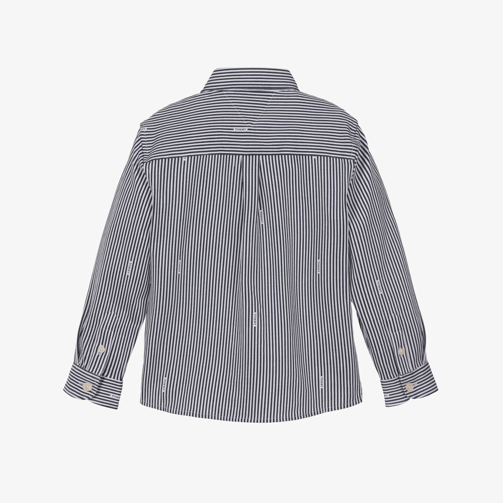 Tommy Hilfiger-Boys Navy Blue Stripe Cotton Button Down Shirt with Logos | Childrensalon