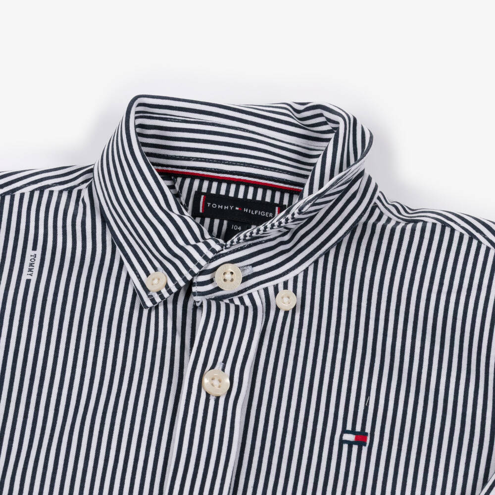 Tommy Hilfiger-Boys Navy Blue Stripe Cotton Button Down Shirt with Logos | Childrensalon