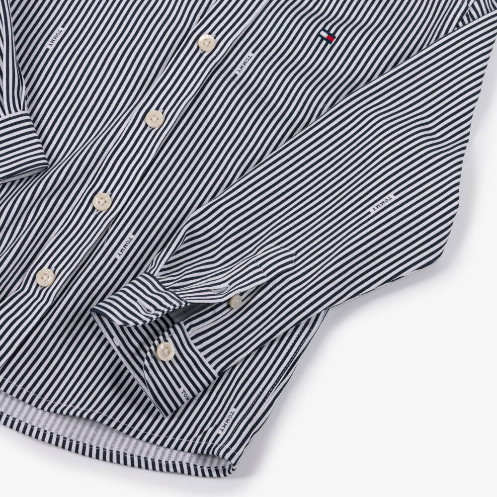 Tommy Hilfiger-Boys Navy Blue Stripe Cotton Button Down Shirt with Logos | Childrensalon