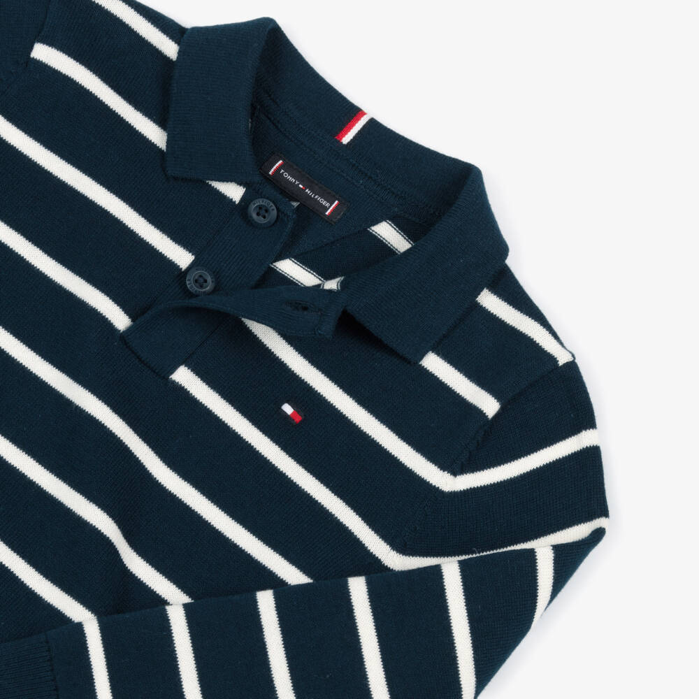 Tommy Hilfiger-Boys Navy Blue Striped Cotton Polo Sweater | Childrensalon