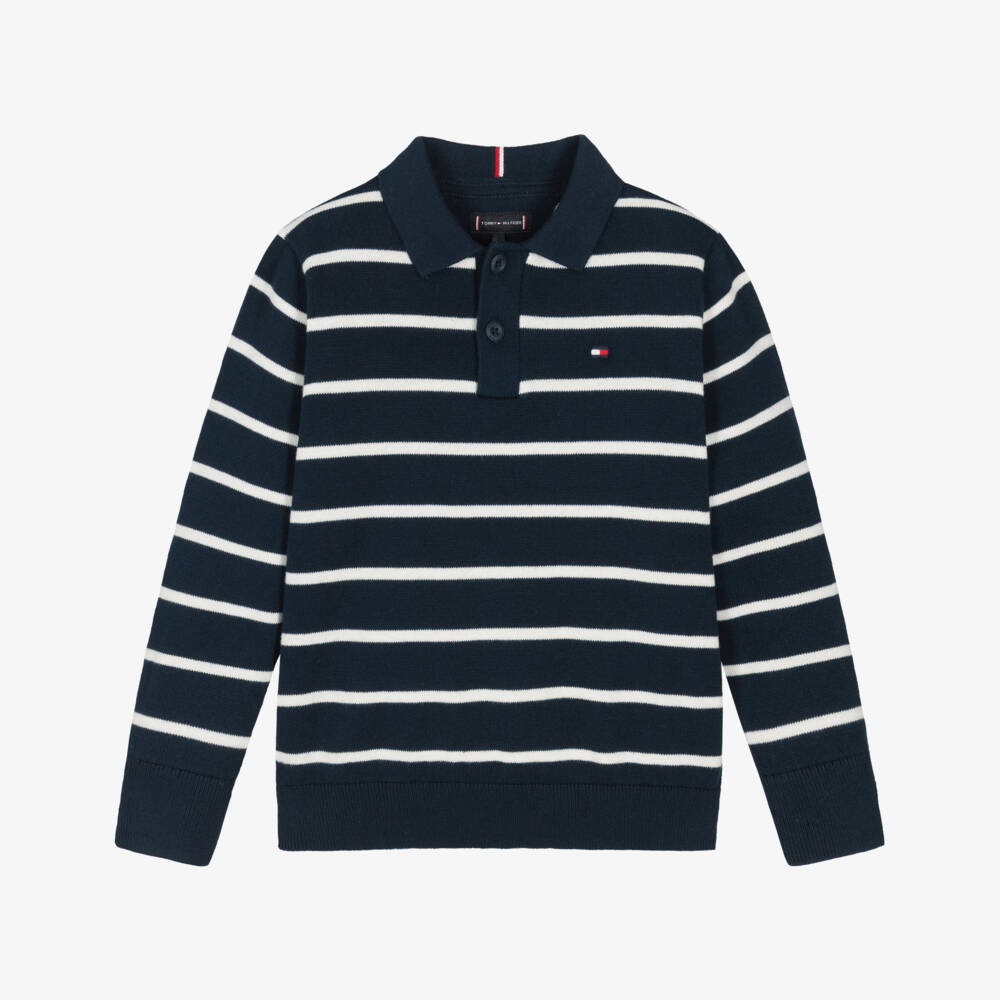 Tommy Hilfiger-Boys Navy Blue Striped Cotton Polo Sweater | Childrensalon