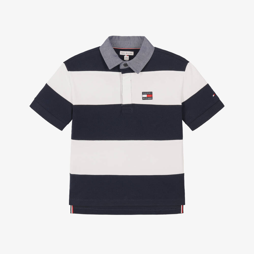 Tommy Hilfiger-Boys Navy Blue Striped Cotton Rugby Shirt | Childrensalon