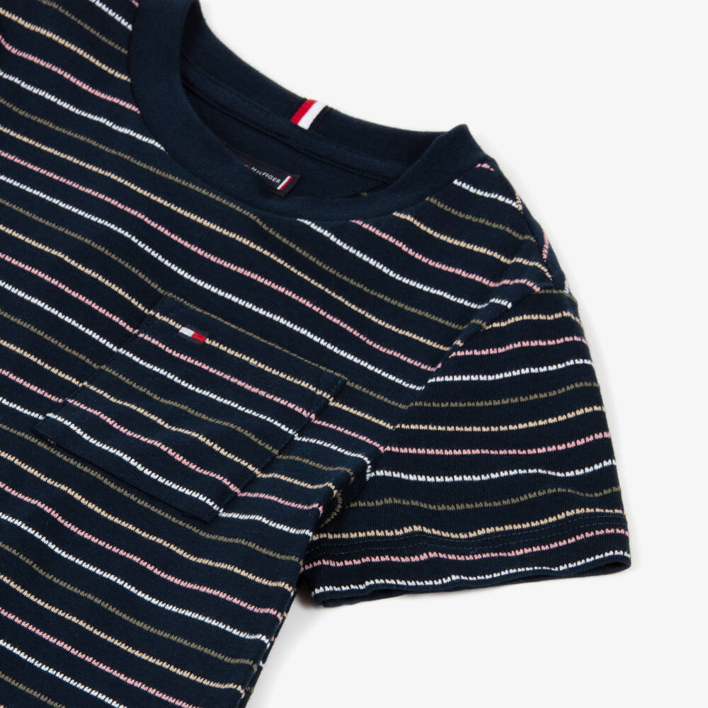 Tommy Hilfiger-Boys Navy Blue T-Shirt with Embroidered Stripes | Childrensalon