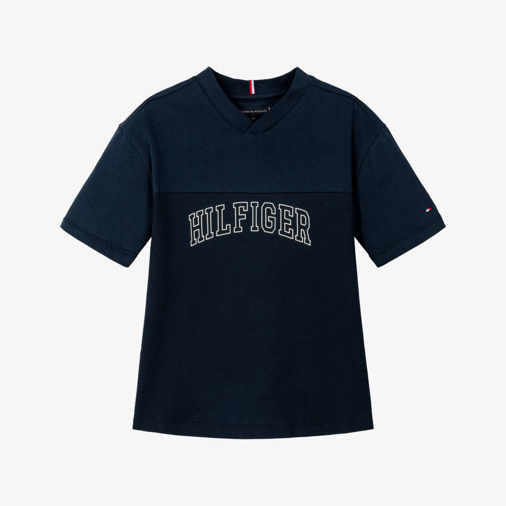 Tommy Hilfiger-Boys Navy Blue V-Neck Cotton T-Shirt | Childrensalon