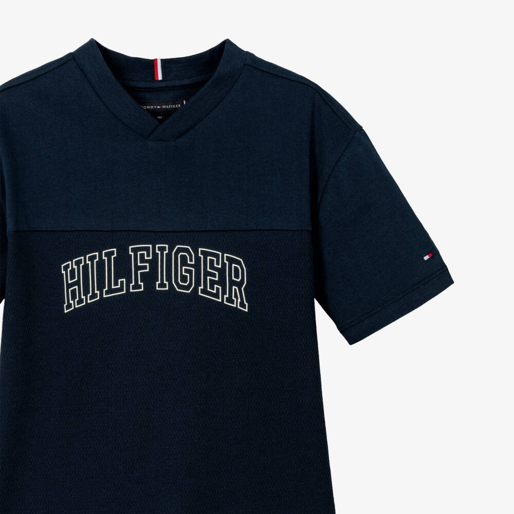 Tommy Hilfiger-Boys Navy Blue V-Neck Cotton T-Shirt | Childrensalon