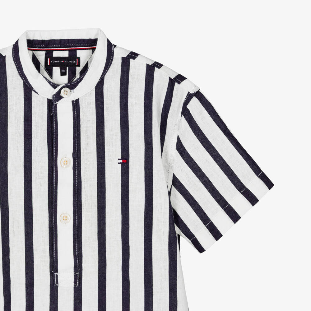 Tommy Hilfiger-Boys Navy Blue & White Collarless Striped Shirt | Childrensalon