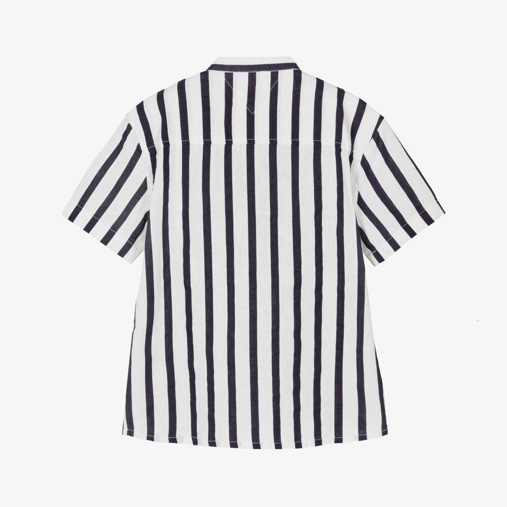 Tommy Hilfiger-Boys Navy Blue & White Collarless Striped Shirt | Childrensalon
