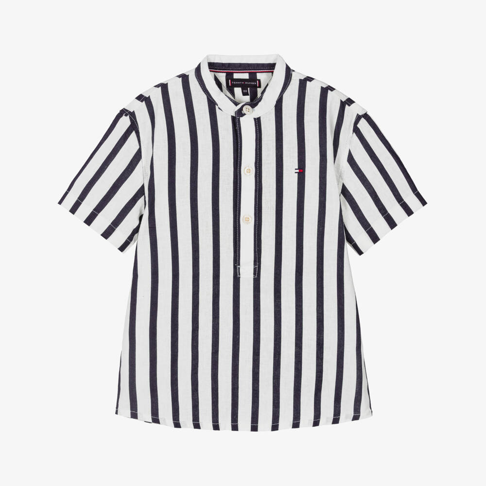 Tommy Hilfiger-Boys Navy Blue & White Collarless Striped Shirt | Childrensalon
