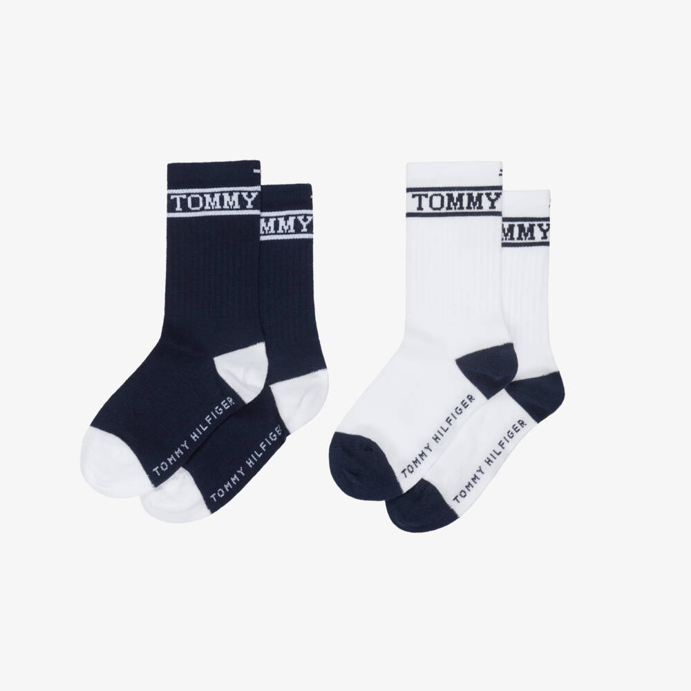 Tommy Hilfiger-Boys Navy Blue & White Logo Ankle Socks (2 Pack) | Childrensalon