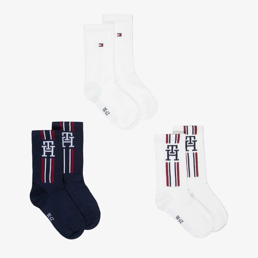 Tommy Hilfiger-Boys Navy Blue & White Logo Ankle Socks (3 Pack) | Childrensalon