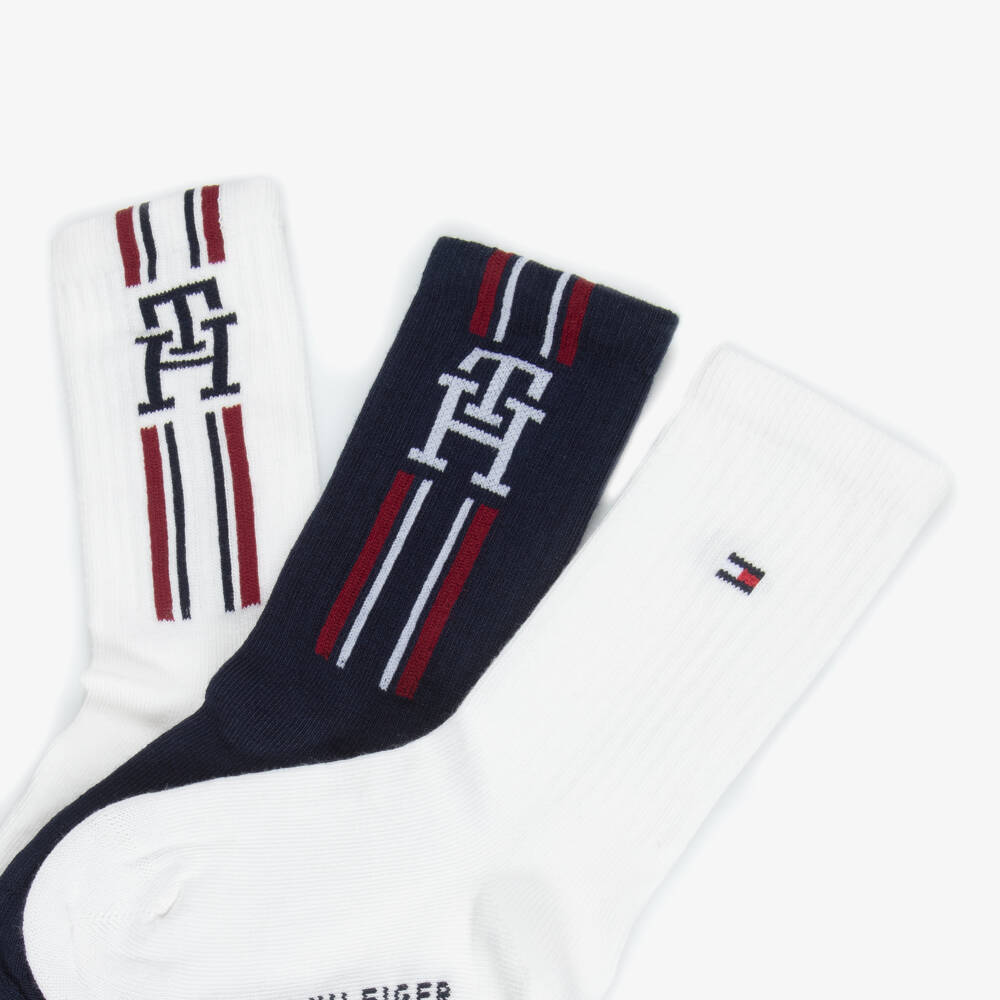 Tommy Hilfiger-Boys Navy Blue & White Logo Ankle Socks (3 Pack) | Childrensalon