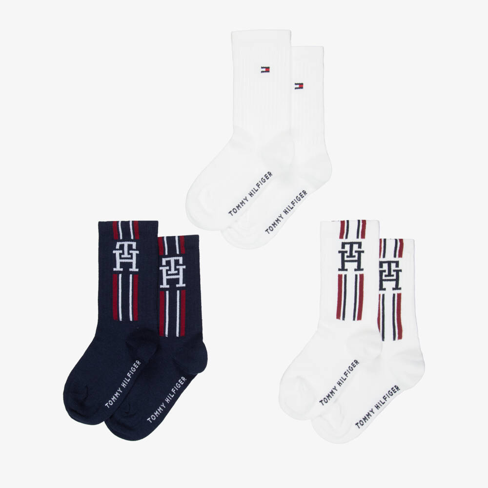 Tommy Hilfiger-Boys Navy Blue & White Logo Ankle Socks (3 Pack) | Childrensalon