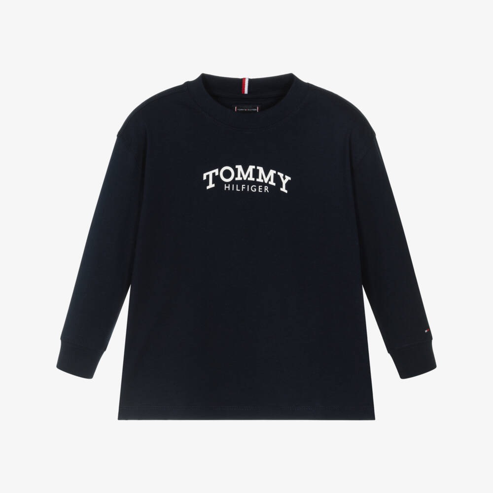 Tommy Hilfiger-Boys Navy Blue & White Logo Long Sleeved Top | Childrensalon