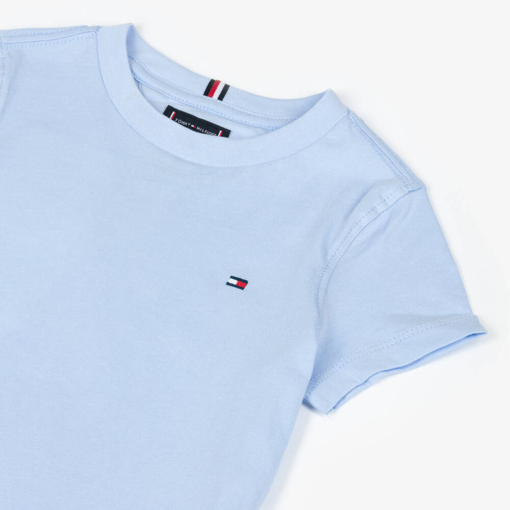 Tommy Hilfiger-Boys Pale Blue Cotton T-Shirt with Embroidered Flag Logo | Childrensalon