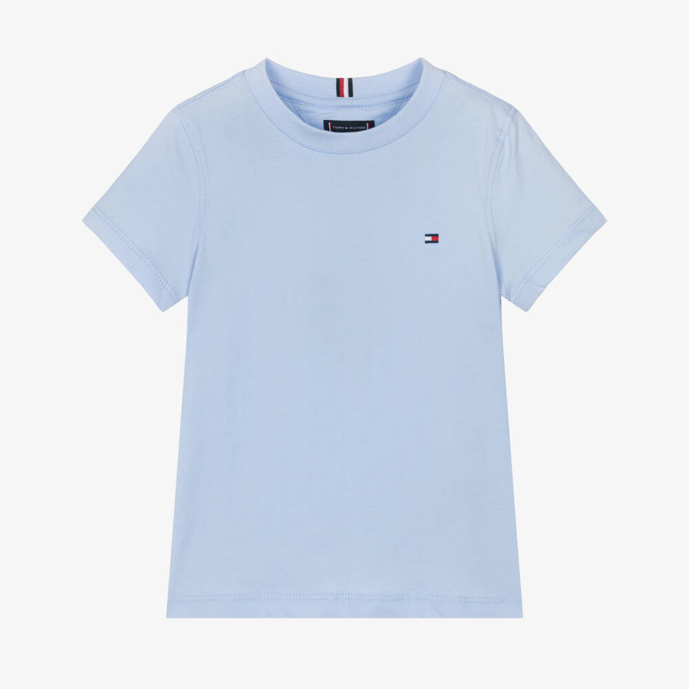Tommy Hilfiger-Boys Pale Blue Cotton T-Shirt with Embroidered Flag Logo | Childrensalon