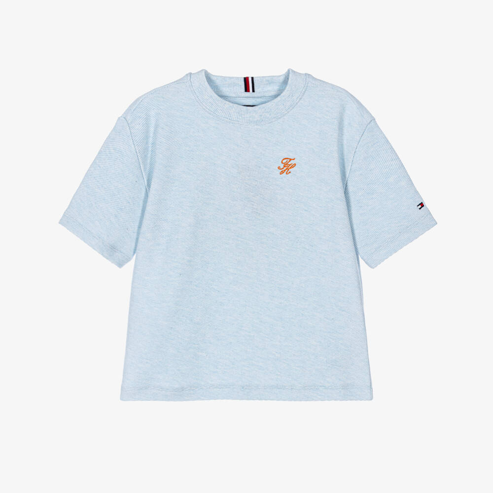 Tommy Hilfiger-Boys Pale Blue Ribbed Jersey T-Shirt | Childrensalon