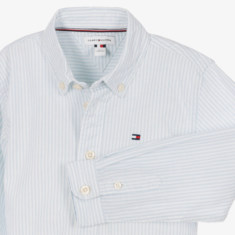 Tommy Hilfiger-Boys Pale Blue Striped Oxford Cotton Shirt | Childrensalon