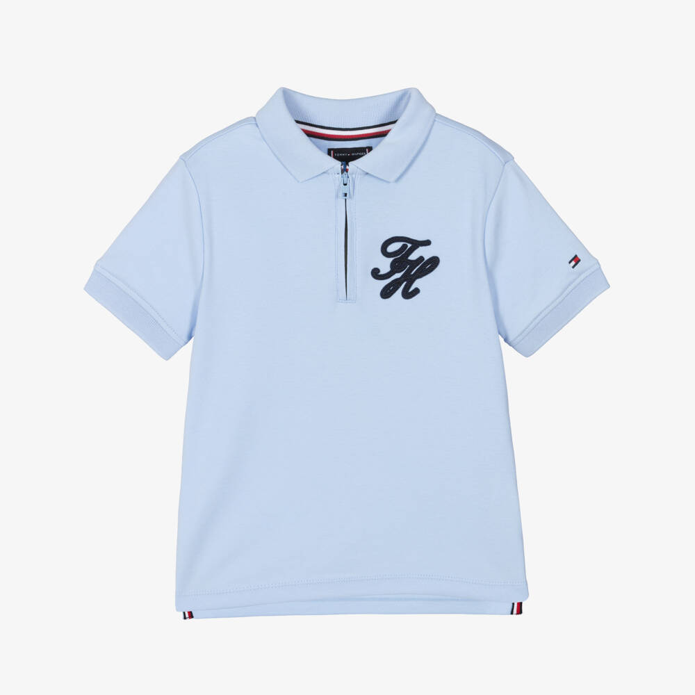 Tommy Hilfiger-Boys Pastel Blue Cotton Quarter-Zip Polo Shirt | Childrensalon