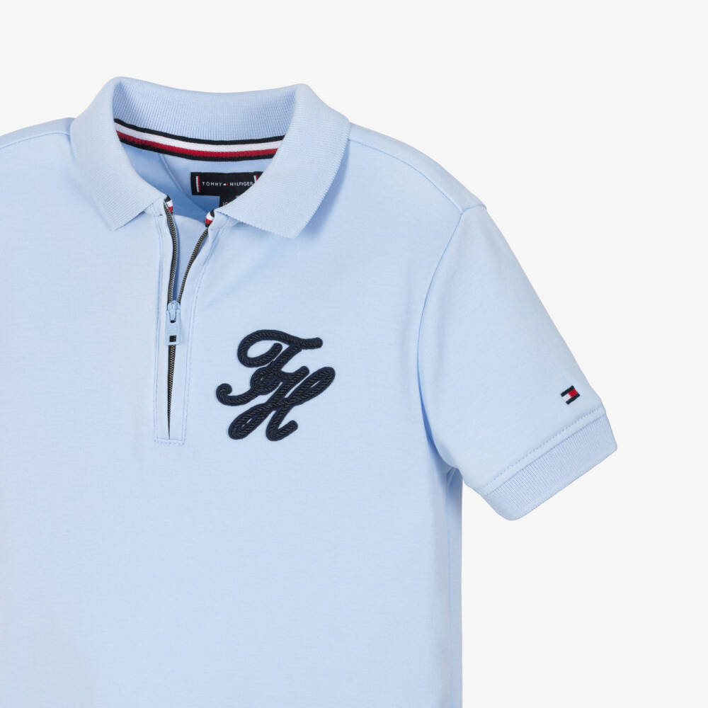 Tommy Hilfiger-Boys Pastel Blue Cotton Quarter-Zip Polo Shirt | Childrensalon