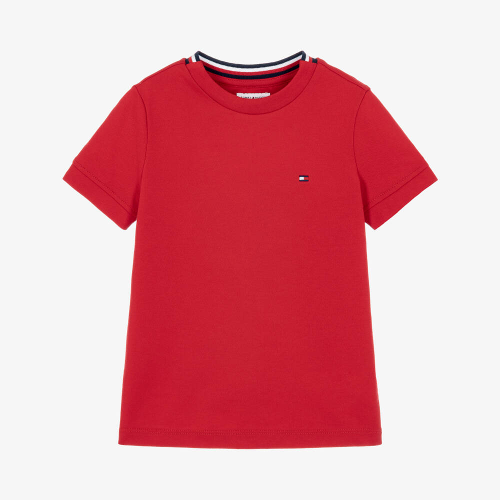 Tommy Hilfiger-Boys Red Cotton Piqué T-Shirt with Signature Tape Detail | Childrensalon