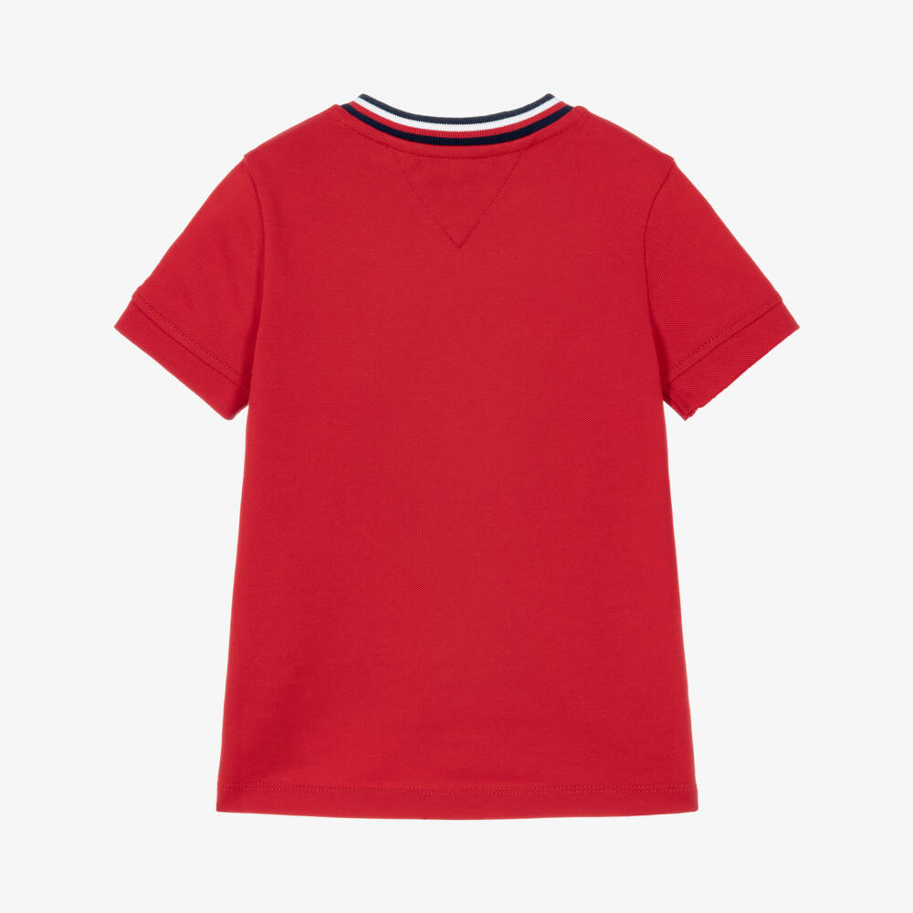 Tommy Hilfiger-Boys Red Cotton Piqué T-Shirt with Signature Tape Detail | Childrensalon
