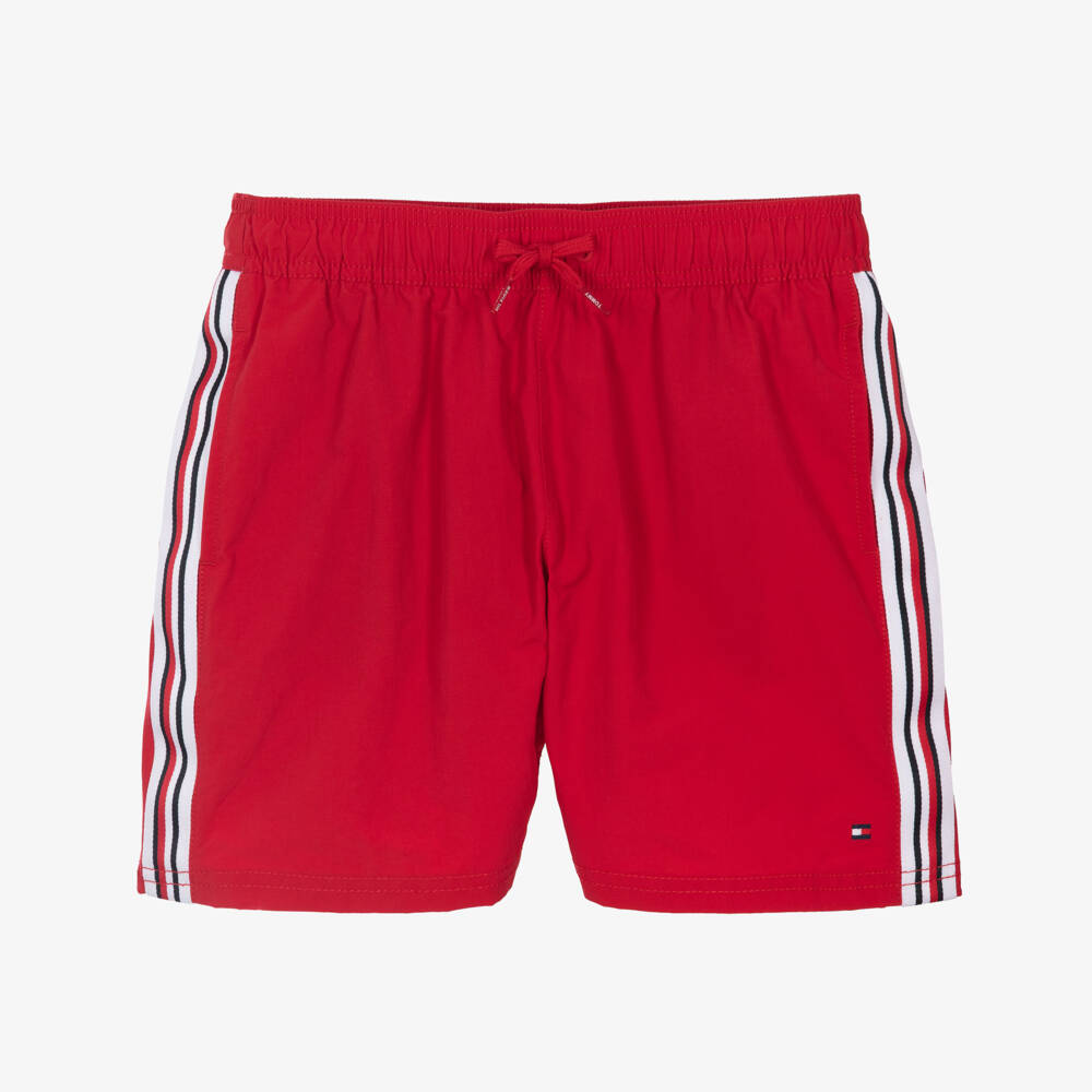Tommy Hilfiger-Boys Red Drawstring Swim Shorts with Striped Trim | Childrensalon