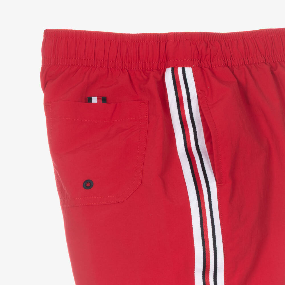 Tommy Hilfiger-Boys Red Drawstring Swim Shorts with Striped Trim | Childrensalon