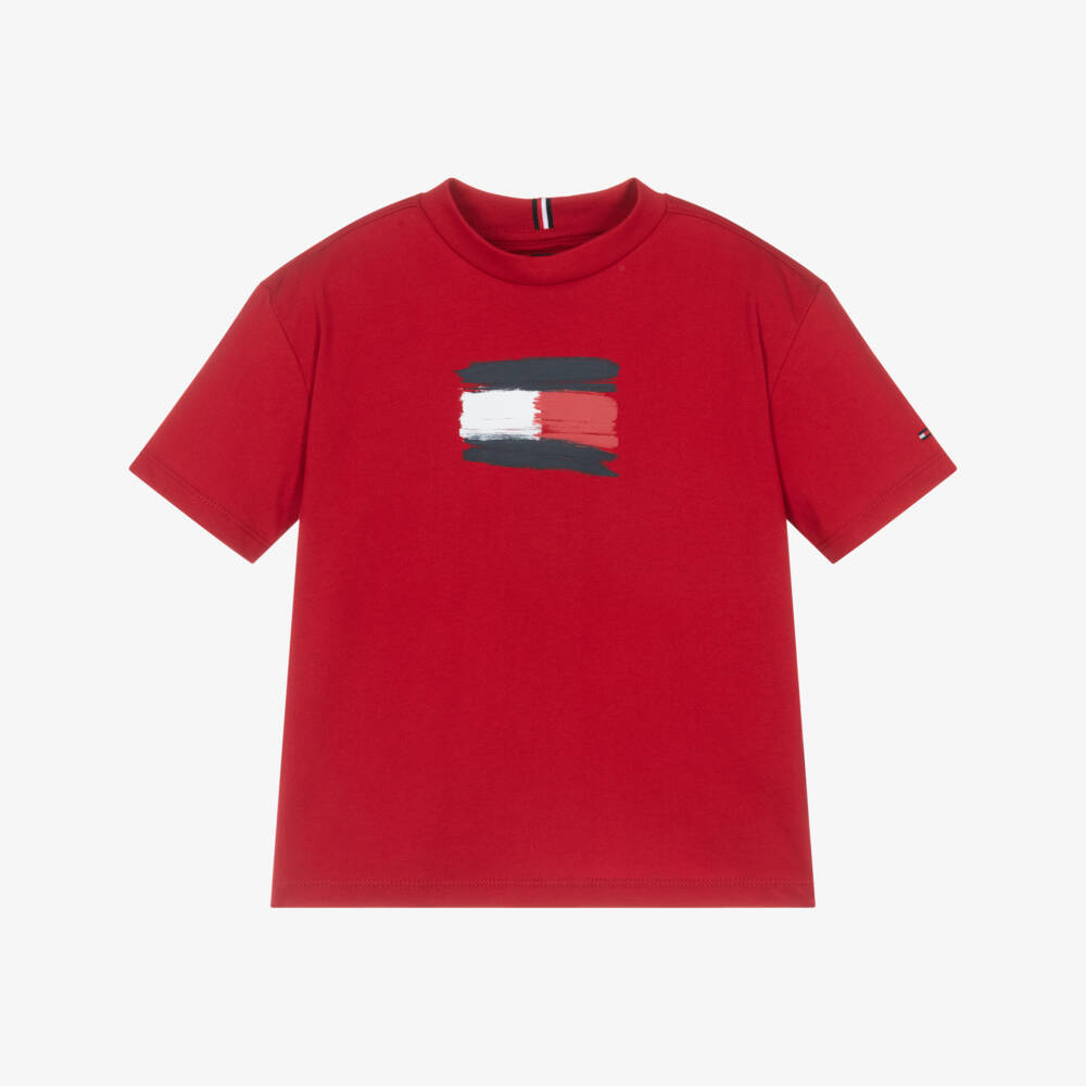 Tommy Hilfiger-Boys Red Flag Print Cotton Jersey T-Shirt | Childrensalon