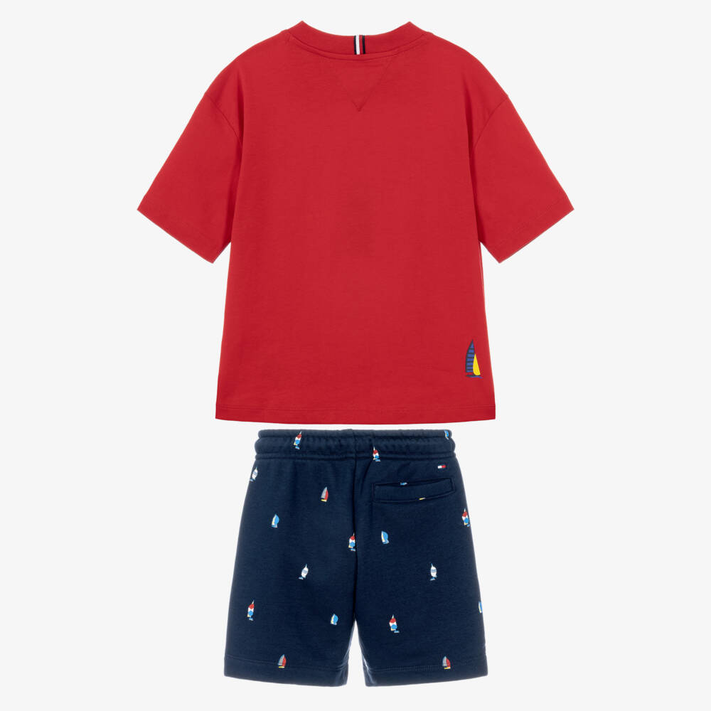 Tommy Hilfiger-Boys Red & Navy Blue Cotton Sailing Boat Shorts Set | Childrensalon