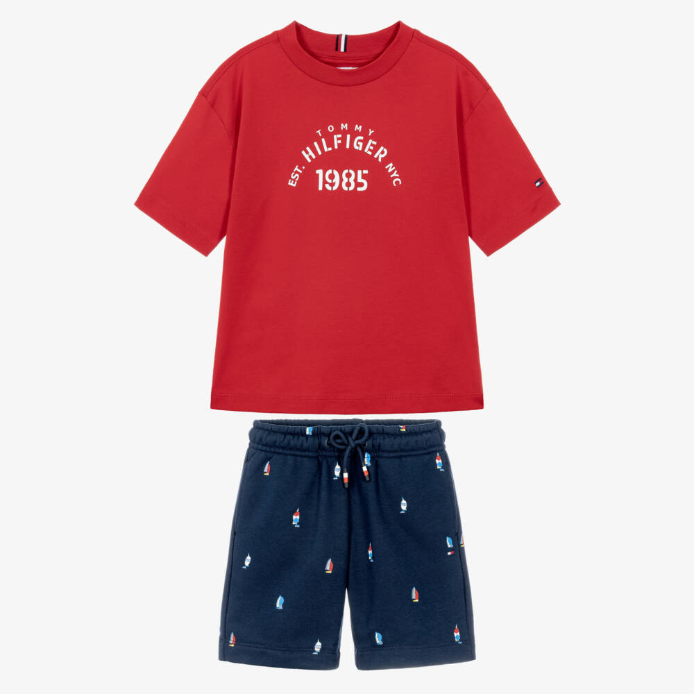 Tommy Hilfiger-Boys Red & Navy Blue Cotton Sailing Boat Shorts Set | Childrensalon