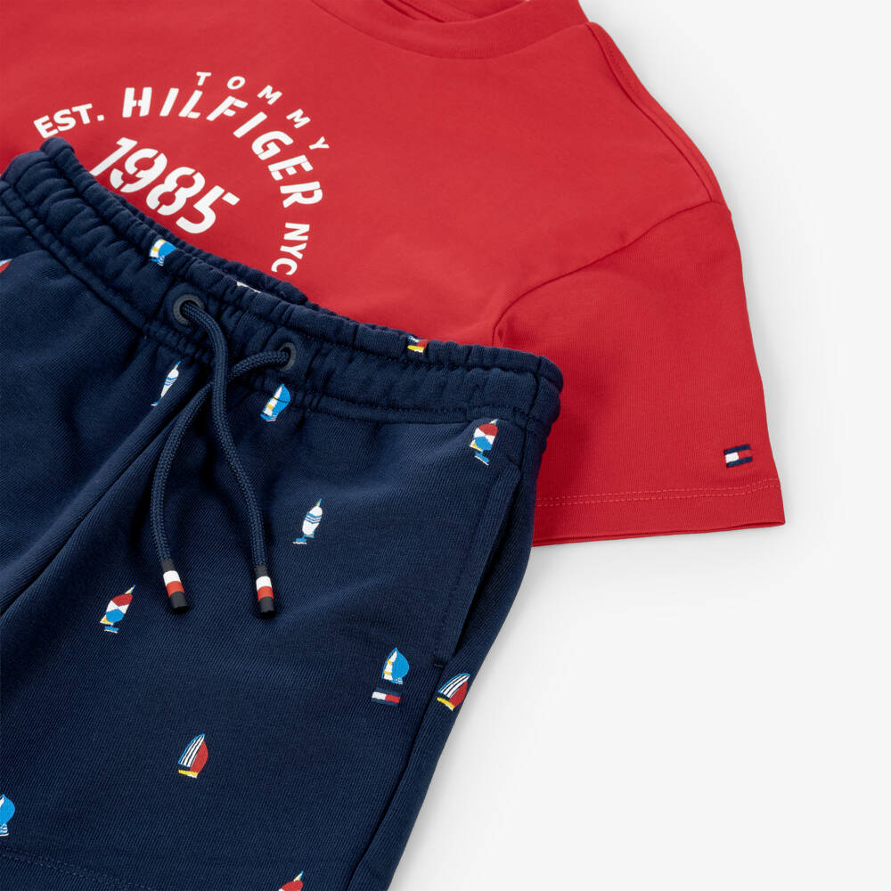 Tommy Hilfiger-Boys Red & Navy Blue Cotton Sailing Boat Shorts Set | Childrensalon