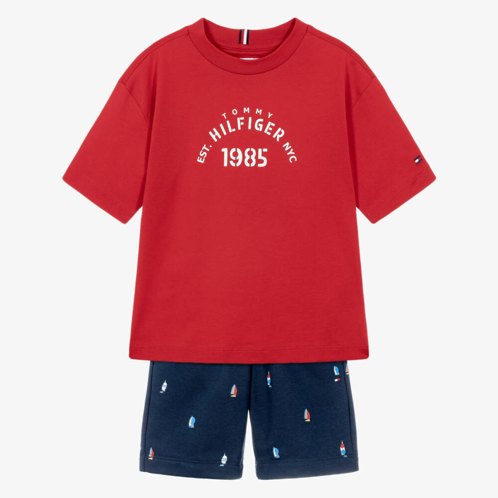 Tommy Hilfiger-Boys Red & Navy Blue Cotton Sailing Boat Shorts Set | Childrensalon