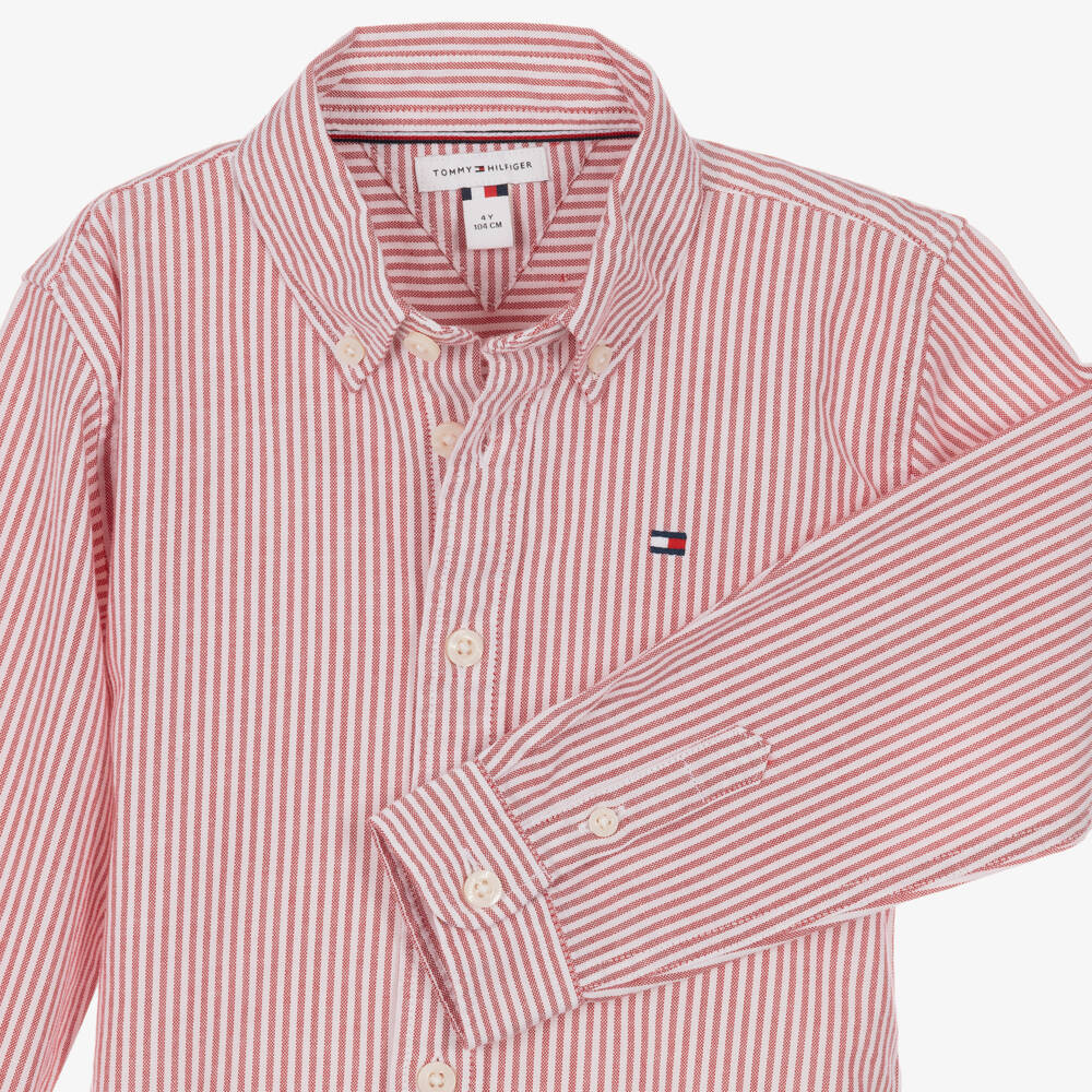 Tommy Hilfiger-Boys Red Striped Oxford Cotton Shirt | Childrensalon
