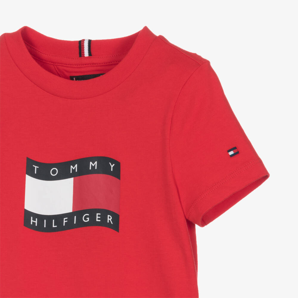 Tommy Hilfiger-Boys Red Wavy Flag Logo Cotton T-Shirt | Childrensalon