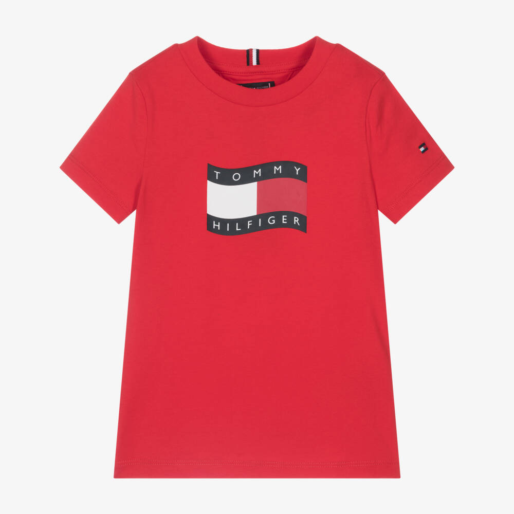 Tommy Hilfiger-Boys Red Wavy Flag Logo Cotton T-Shirt | Childrensalon
