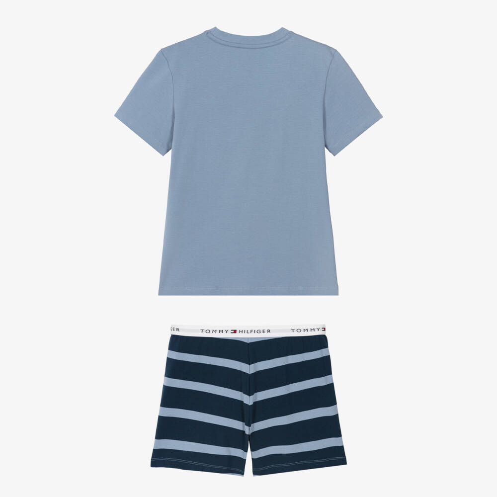 Tommy Hilfiger-Boys Short Blue Striped Cotton Jersey Pyjamas | Childrensalon