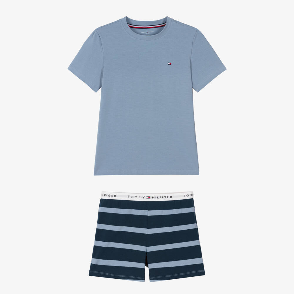 Tommy Hilfiger-Boys Short Blue Striped Cotton Jersey Pyjamas | Childrensalon