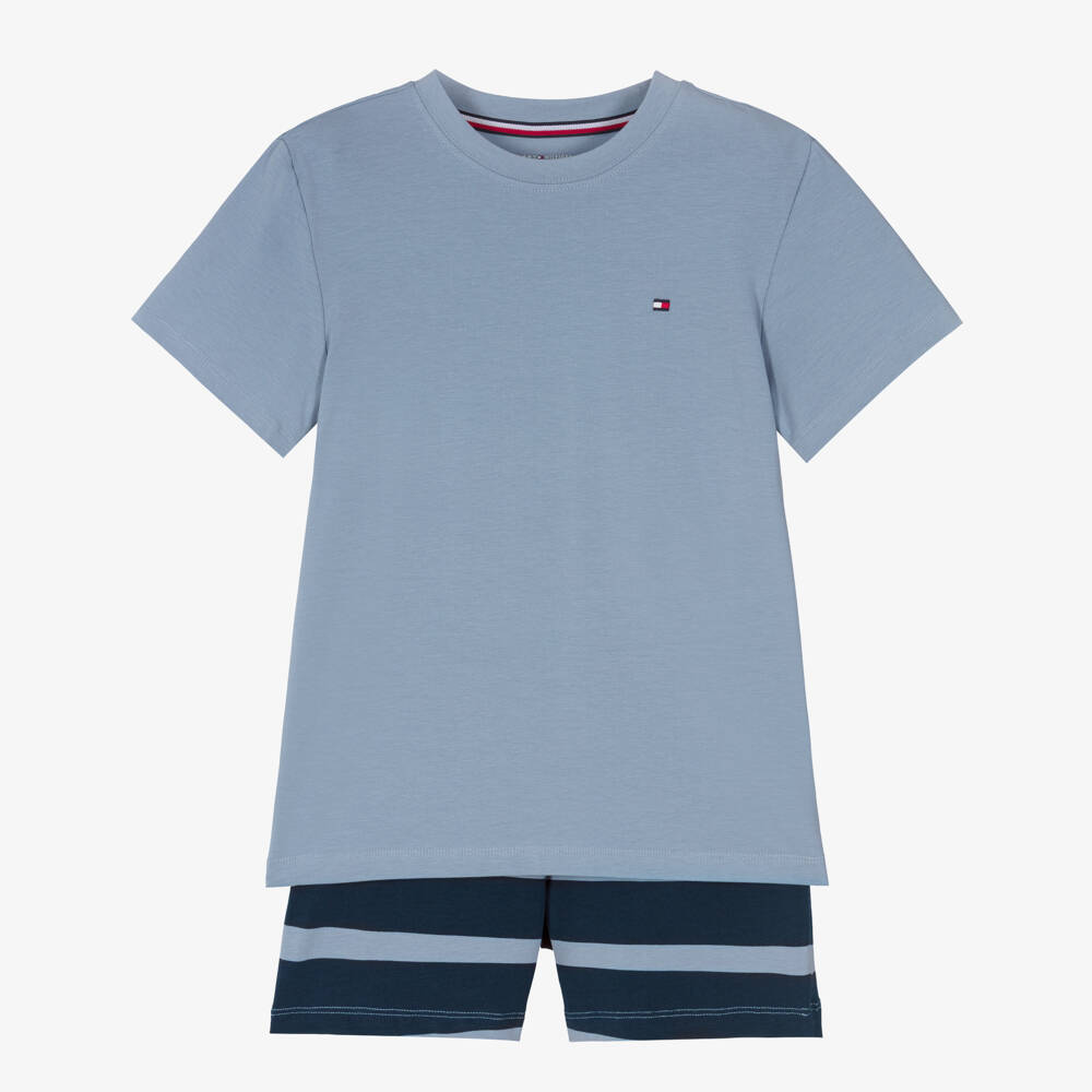 Tommy Hilfiger-Boys Short Blue Striped Cotton Jersey Pyjamas | Childrensalon