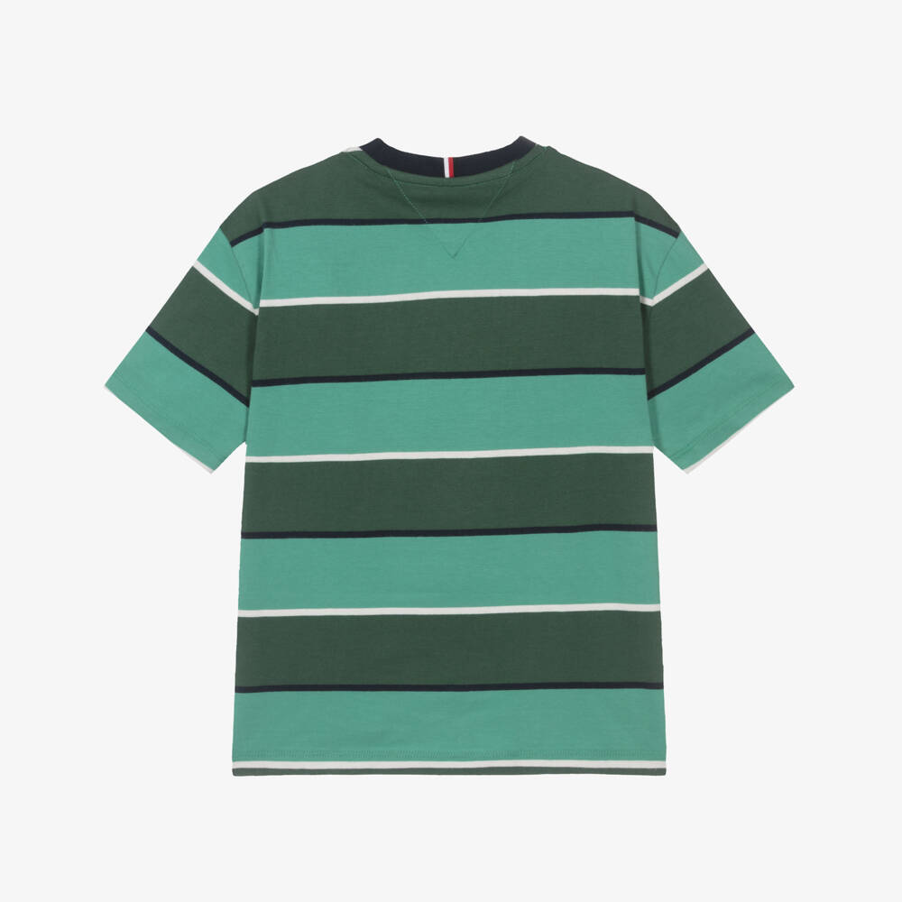 Tommy Hilfiger-Boys Striped Green Cotton T-Shirt | Childrensalon