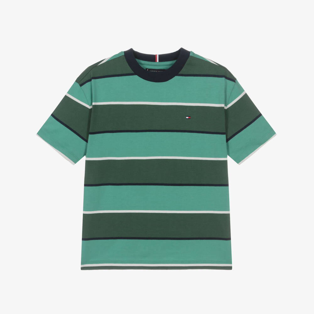Tommy Hilfiger-Boys Striped Green Cotton T-Shirt | Childrensalon