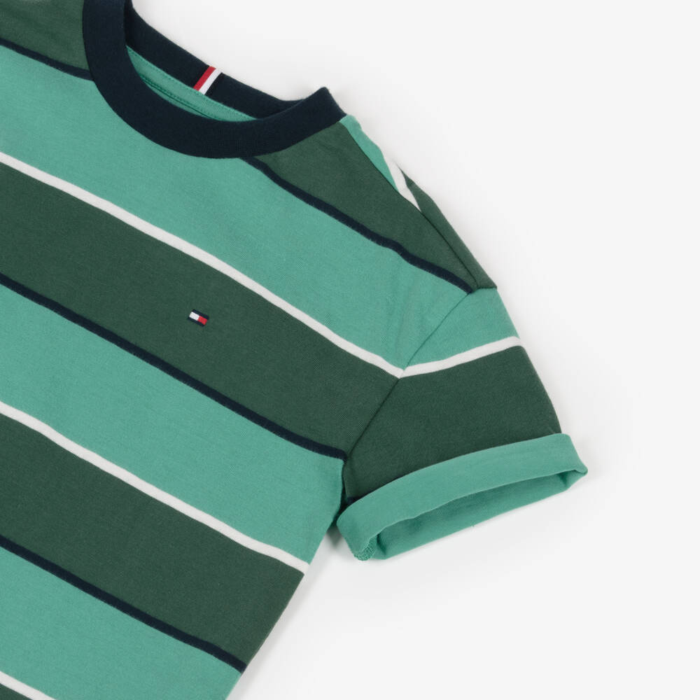 Tommy Hilfiger-Boys Striped Green Cotton T-Shirt | Childrensalon