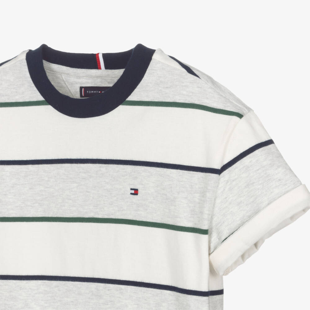 Tommy Hilfiger-Boys Striped Grey Cotton T-Shirt | Childrensalon