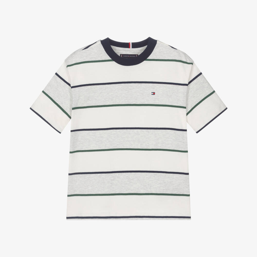 Tommy Hilfiger-Boys Striped Grey Cotton T-Shirt | Childrensalon