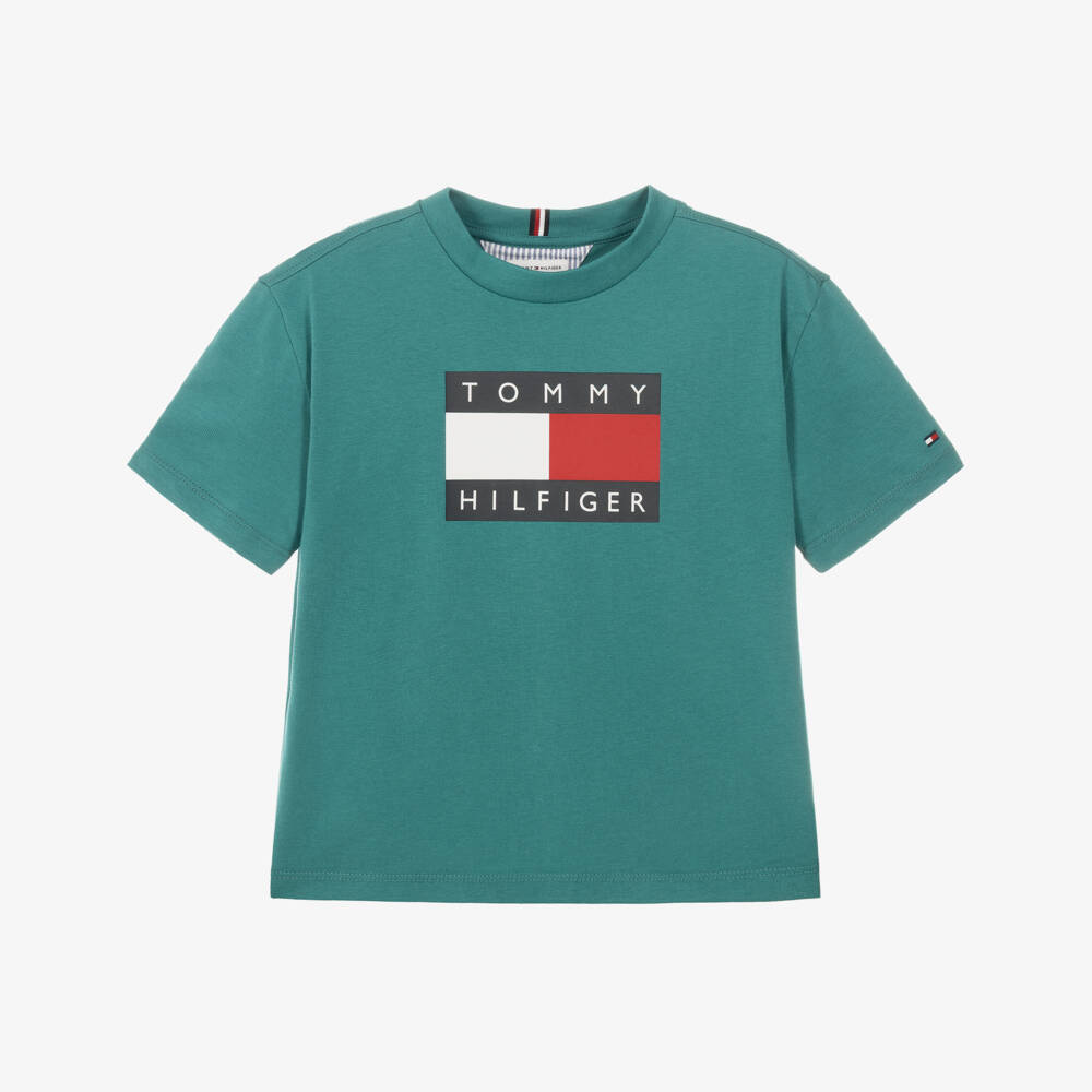 Tommy Hilfiger-Boys Teal Green Cotton Heritage Flag T-Shirt | Childrensalon
