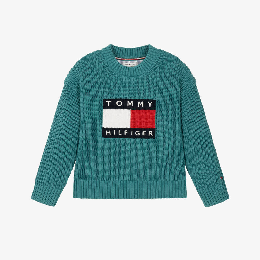 Tommy Hilfiger-Boys Teal Green Heritage Flag Knitted Sweater | Childrensalon
