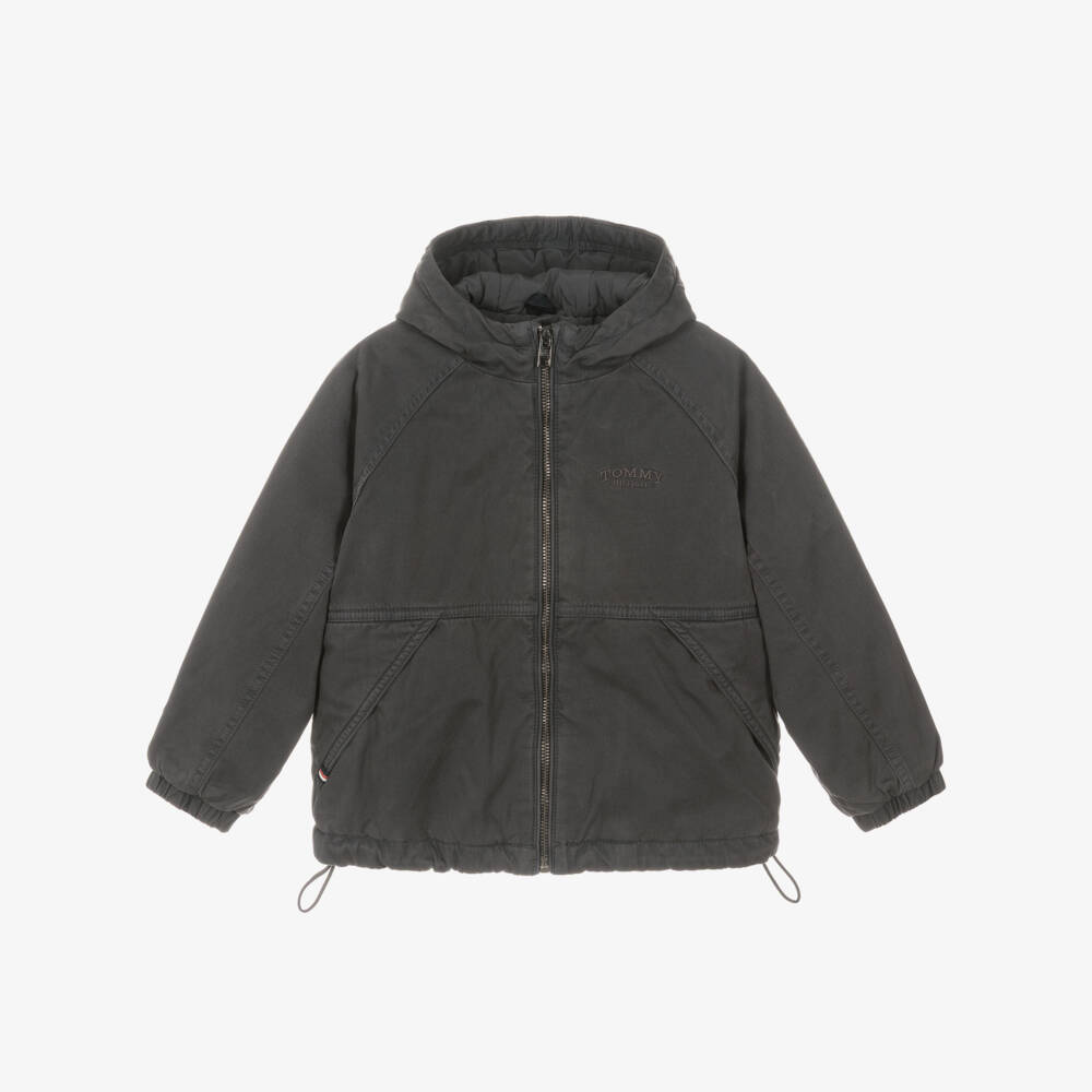 Tommy Hilfiger-Boys Washed Black Hooded Jacket | Childrensalon