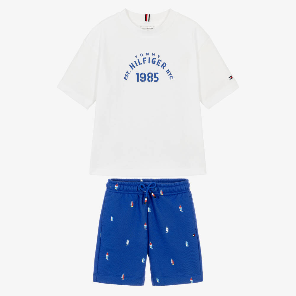 Tommy Hilfiger-Boys White & Blue Cotton Sailing Boat Shorts Set | Childrensalon