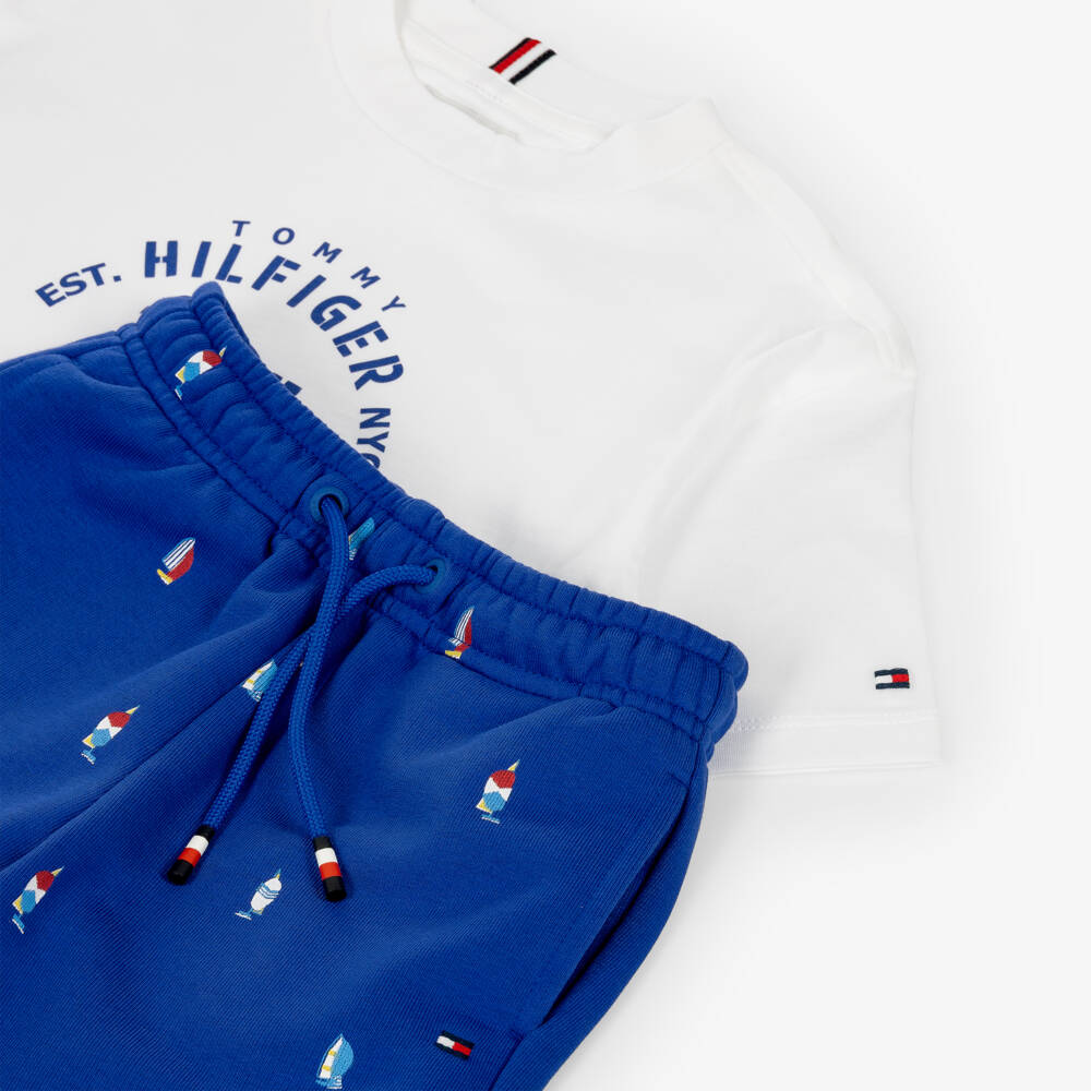 Tommy Hilfiger-Boys White & Blue Cotton Sailing Boat Shorts Set | Childrensalon