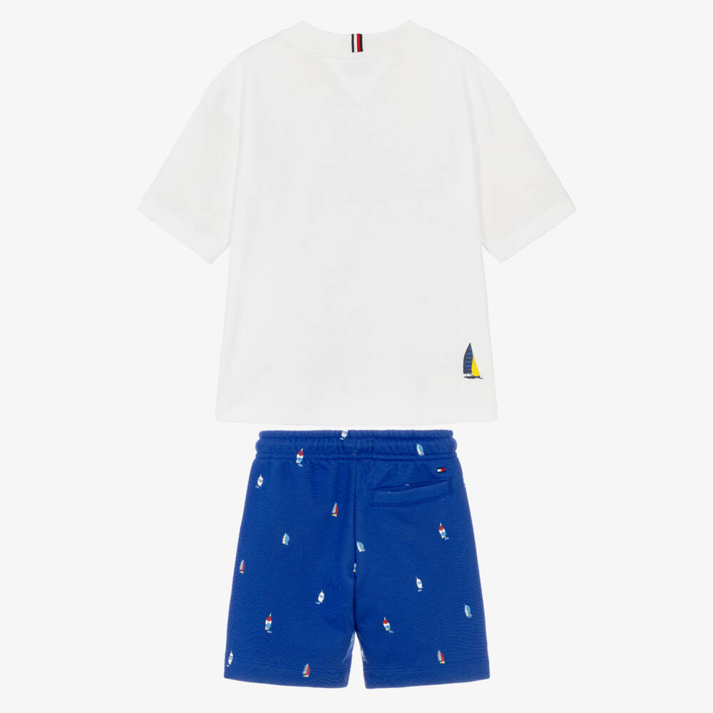 Tommy Hilfiger-Boys White & Blue Cotton Sailing Boat Shorts Set | Childrensalon