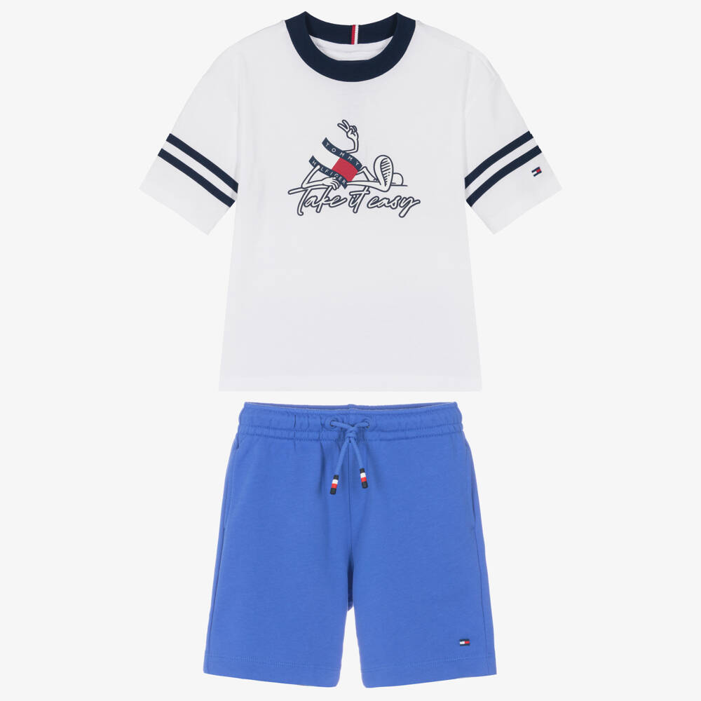 Tommy Hilfiger-Boys White & Blue Cotton Shorts Set | Childrensalon